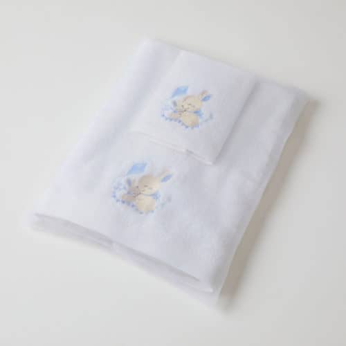 Blue Bunny Bath Towel & Face Washer in Organza Bag