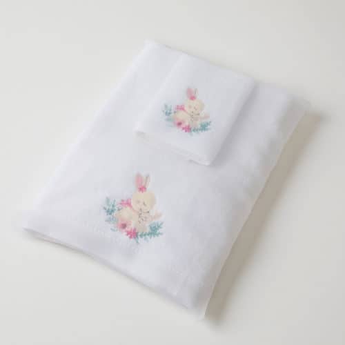 Pink Bunny Bath Towel & Face Washer in Organza Bag