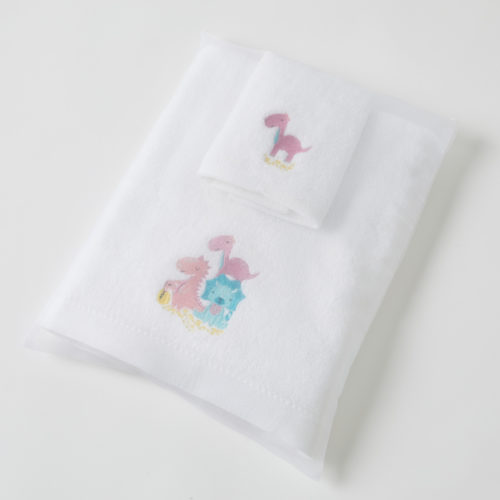 Pink Dino Family Bath Towel & Face Washer in Organza Bag