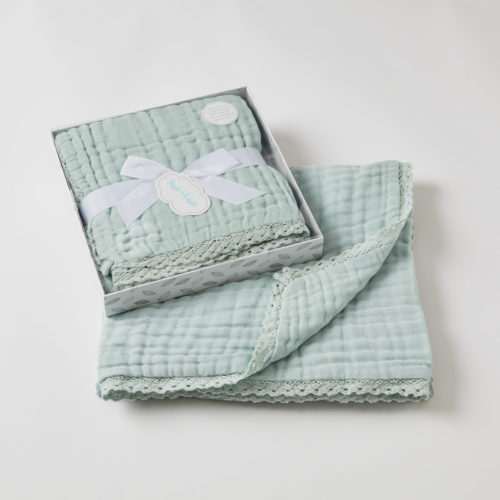 Misty Blue Double Muslin Blanket with Lace Edge