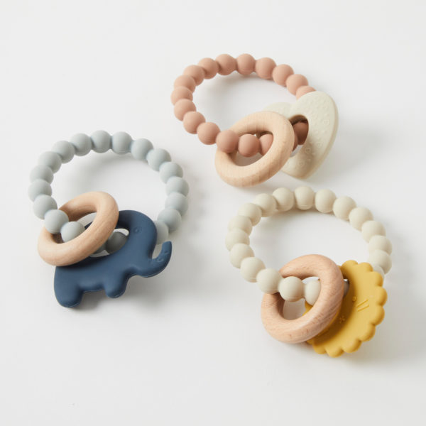 Mika Silicone & Wood Teethers 3 Asst Designs/Colours – Late Jan