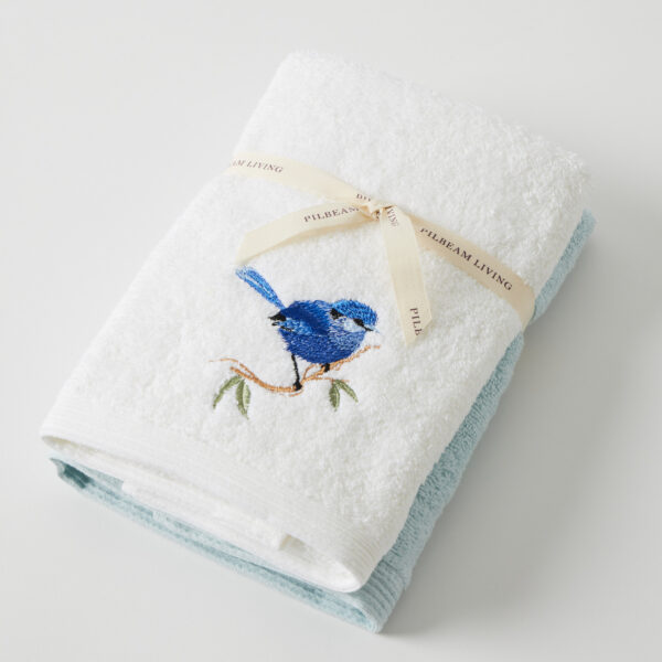 Blue Wren Hand Towel Set of 2 (1 Plain)