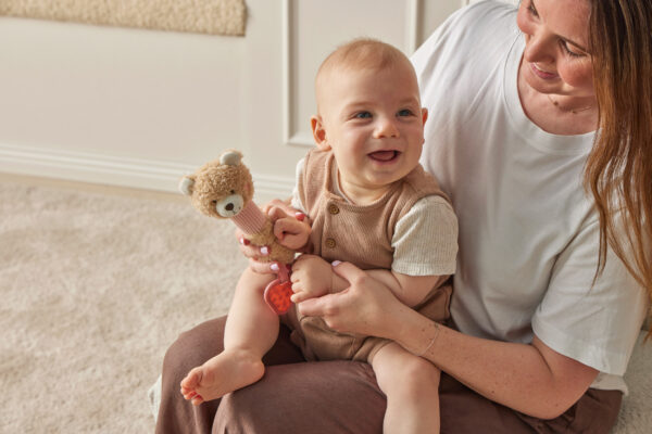 Jiggle & Giggle Hugglies Teddy Bear Squeaker With Teether - Pink